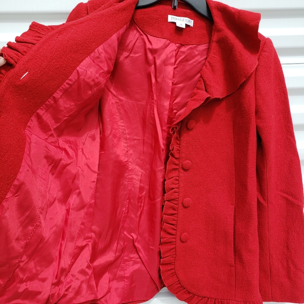 Pendleton Red 100% Wool Ruffle Collar Lined Blazer - image 5